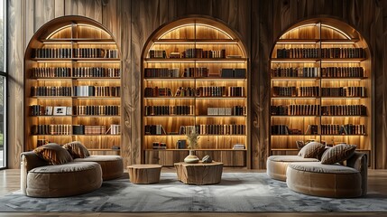 Rendered interior scene featuring a wooden wall bookcase against an empty backdrop, providing a customizable space for design purposes. - obrazy, fototapety, plakaty