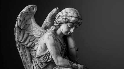 A black and white photo of a majestic angel statue. Perfect for religious or spiritual themes