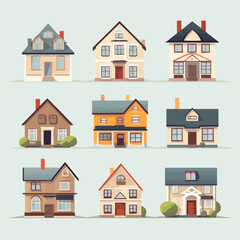 Vector house collection - Set of house designs in front view. Flat design illustration