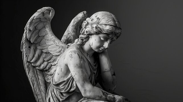 A black and white photo of a majestic angel statue. Perfect for religious or spiritual themes