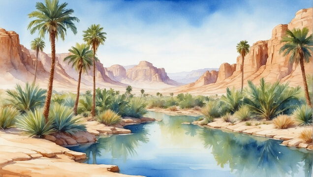 Watercolor painting of a serene desert oasis, with palm trees towering over a shimmering pool of water.