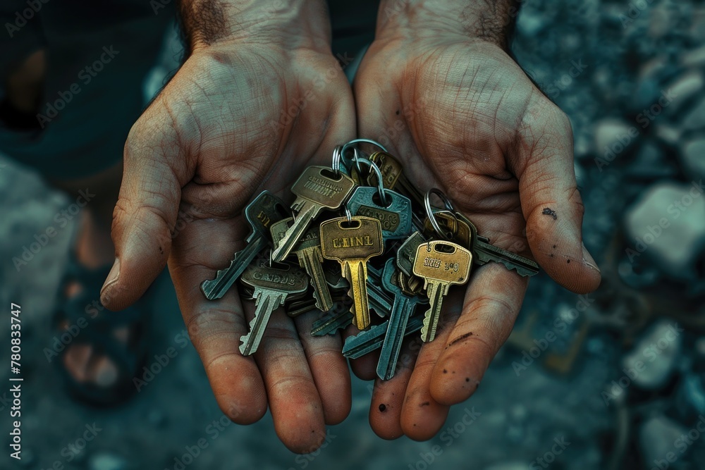 Poster a person holding a bunch of keys. suitable for real estate or security concepts