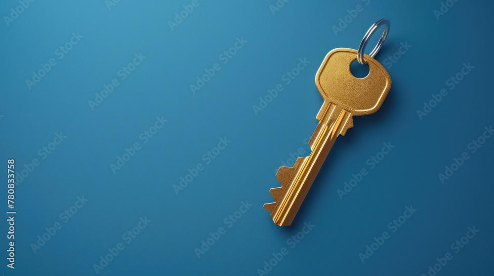 Poster a shiny golden key on a vibrant blue backdrop. suitable for various concepts