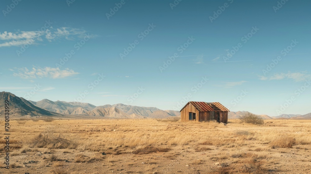 Poster a small house isolated in a vast desert. suitable for various desert-themed concepts
