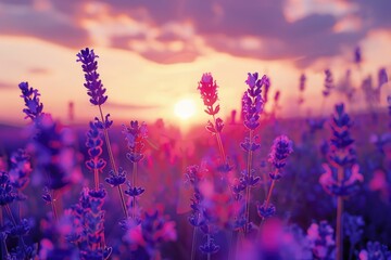 Fototapeta premium A beautiful field of purple flowers with the sun setting in the background. Perfect for nature or landscape backgrounds