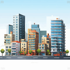 Panorama of city high-rise buildings with shops in them. Residential construction real estate. Exterior of buildings in the city. Vector illustration