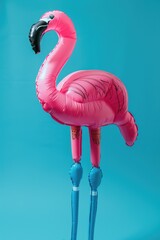 Colorful inflatable flamingo standing on a blue surface. Great for summer-themed designs