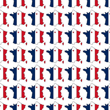 France seamless pattern. Vector background. Cute hand drawn outline country map in French flag doodle style