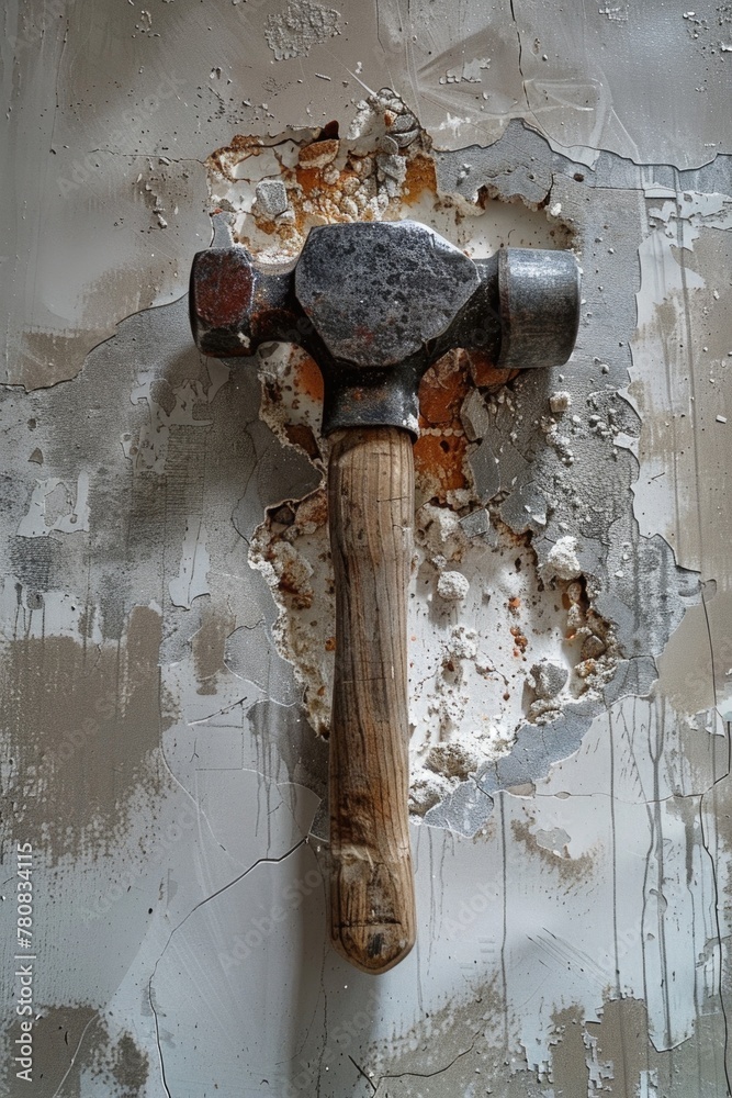 Poster A hammer embedded in a building wall. Useful for construction projects