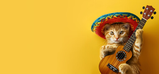 A cat wearing a sombrero hat and holding a guitar on a yellow background for Cinco de Mayo