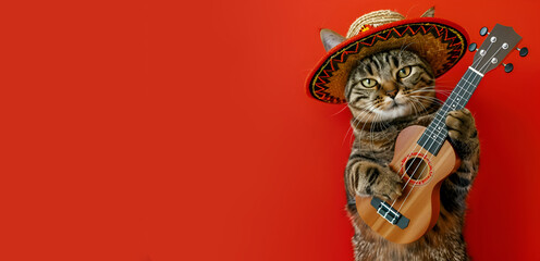 A cat sporting a sombrero and playing a guitar on a vibrant red backdrop for Cinco de Mayo