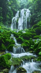 A Lush Jungle Waterfall Oasis of Tranquil Natural Beauty and Vibrant Greenery