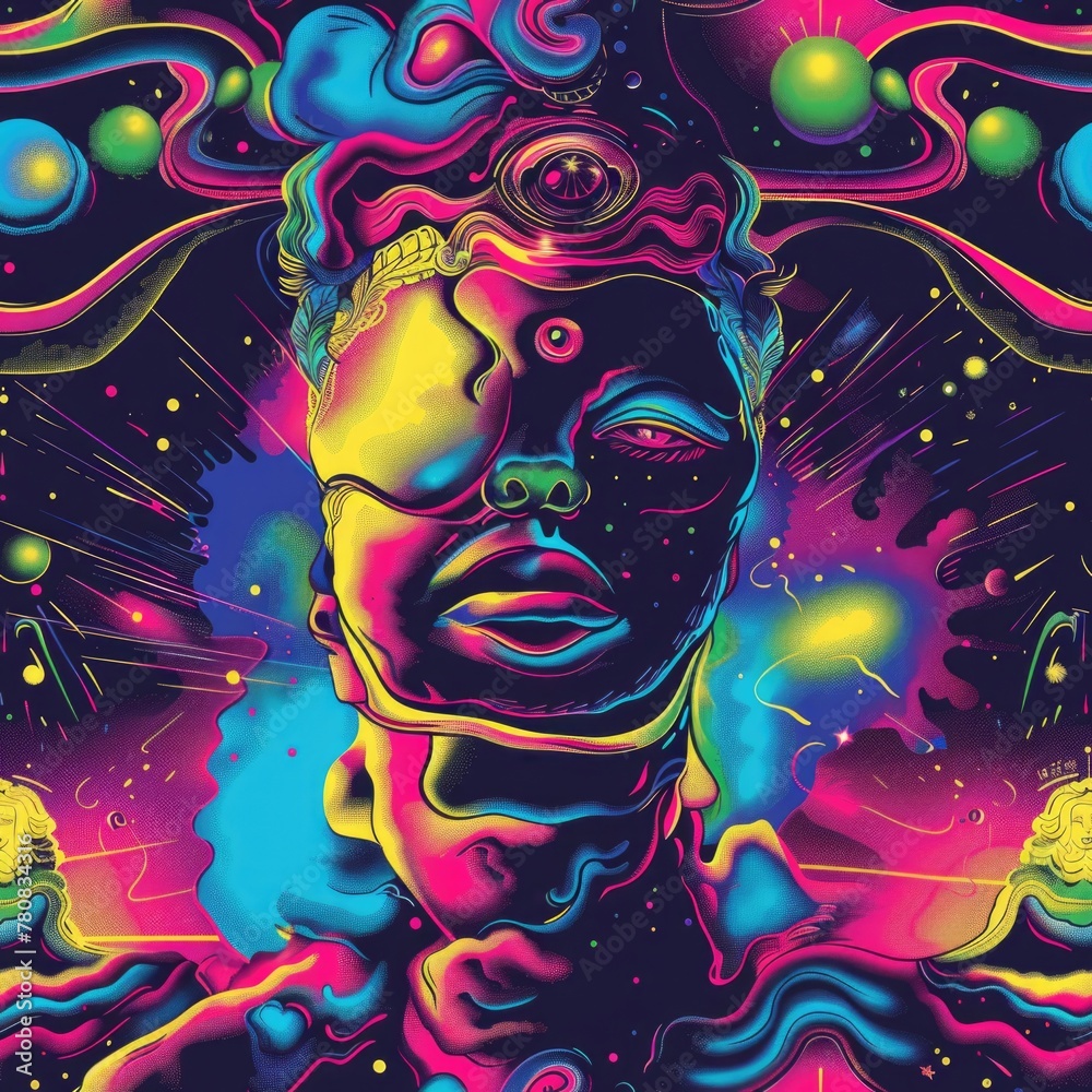 Poster Psychedelic image of a man's face with planets around him. Suitable for science fiction or space-related concepts