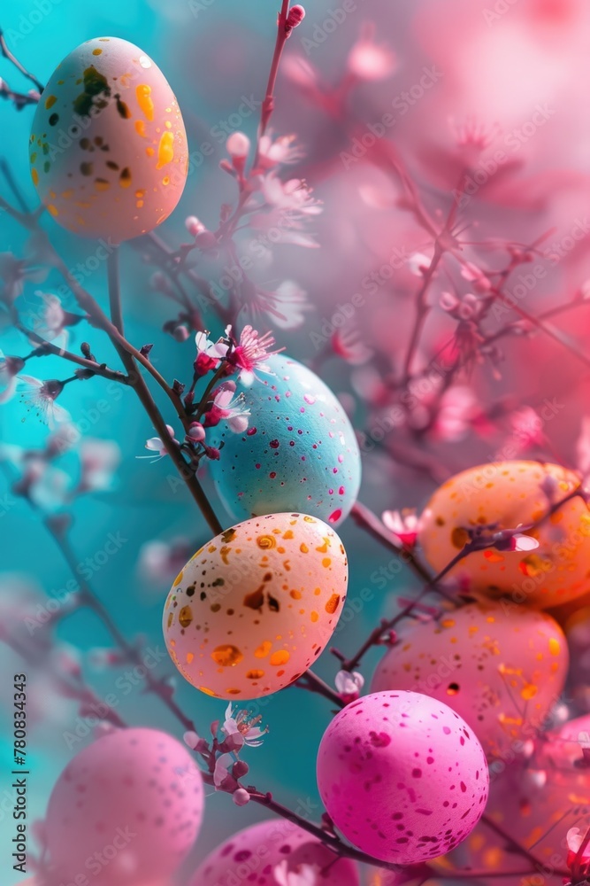 Poster close up of a bunch of eggs on a tree. suitable for easter or nature concepts