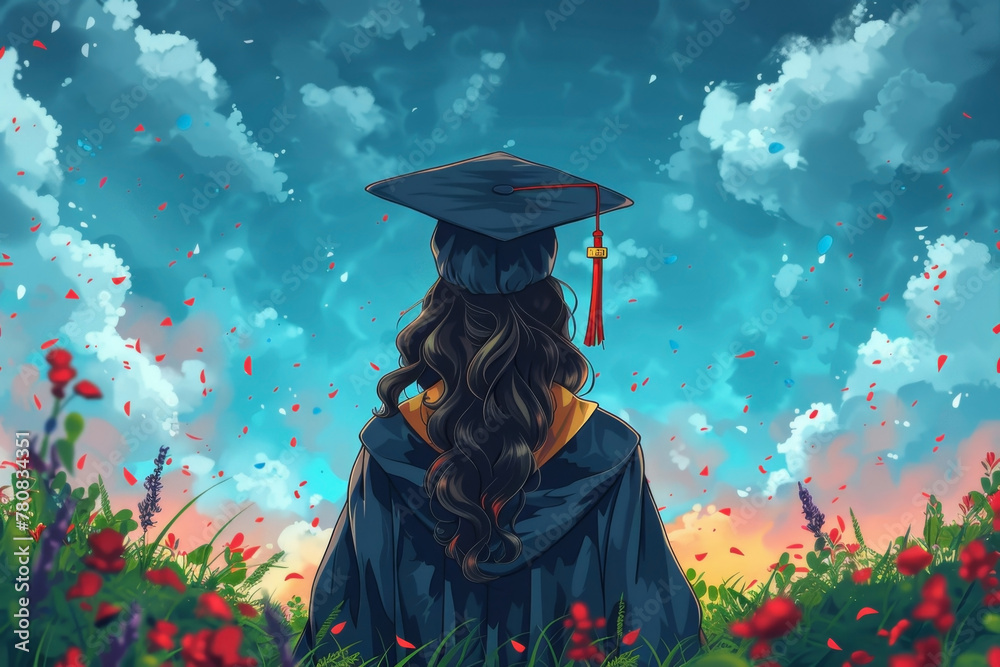 Canvas Prints Female graduate student on background of sky, rear view, cartoon illustration - Canvas Prints