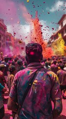 Joyous Chaos of the Vibrant Holi Festival Celebrants Covered in Vivid Powders Rejoicing in Collective Delight