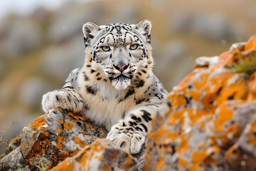 The Majestic Snow Leopard Surveys Its Rugged Alpine Domain from a Craggy Outcrop a Rare Glimpse into the Life of this Solitary Predator