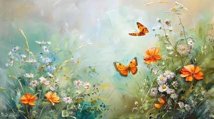 A serene nature scene with colorful butterflies, flowers and greenery.