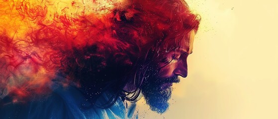 Close-up portrait of Jesus Christ. Colorful abstract background.