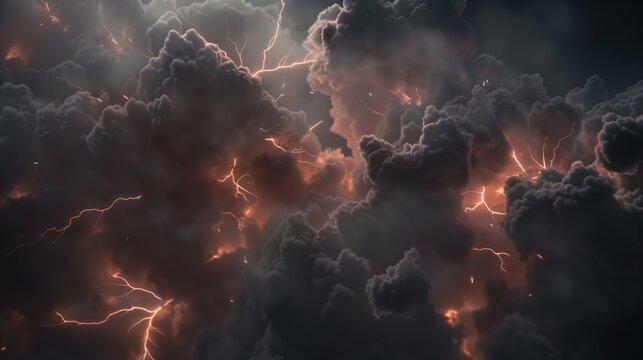 dark storm clouds intensely illuminated by lightning strikes.