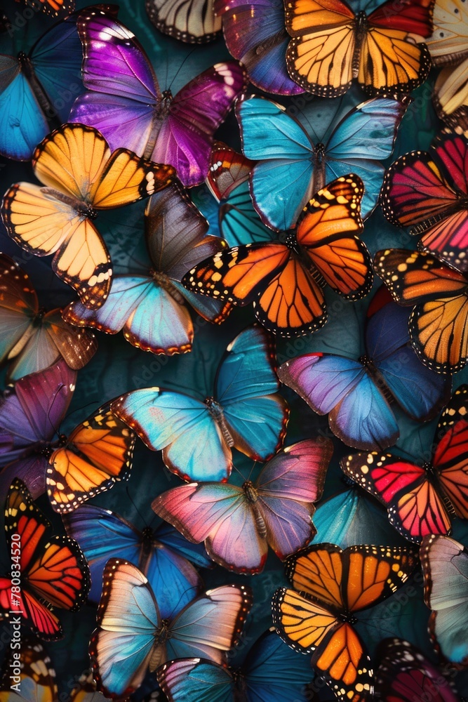 Poster colorful butterflies arranged on a table, suitable for various design projects