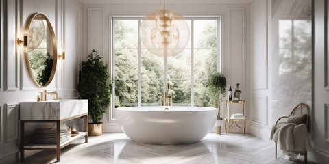 Beautiful Luxurious bathroom with a freestanding tub and marble accents