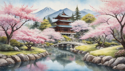 Watercolor painting of cherry blossom trees in full bloom, set against a serene Japanese garden backdrop.