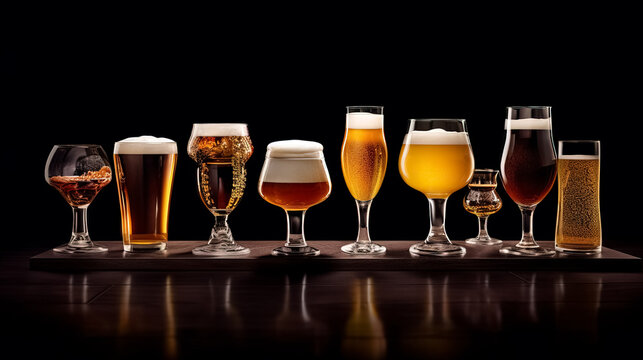 Glasses of different tasty beer on table