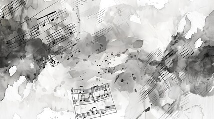 sheet music overlaid on an abstract background of black and grey watercolor splashes