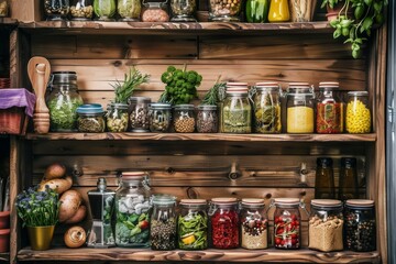 Rustic Home Pantry with Variety of Preserved Foods - obrazy, fototapety, plakaty