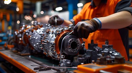Fototapeta premium Skilled Mechanic Repairing Engine Components in Automotive Workshop