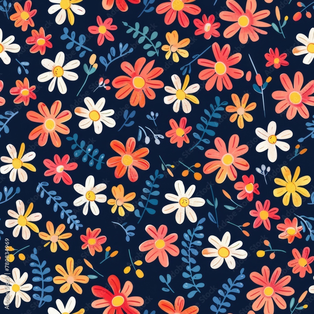 Poster a beautiful pattern of flowers and leaves on a vibrant blue background. perfect for design projects 