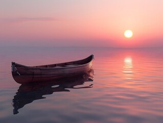 Peaceful Sunset Boat Floating on Serene Lake with Mesmerizing Reflection of Sky