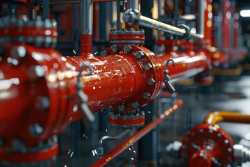 Detailed view of a red pipe in a building, suitable for industrial concepts