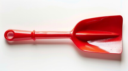 Top-down view of a red plastic toy shovel isolated on a white background.