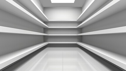 Vector illustration featuring empty shelves in shades of gray.