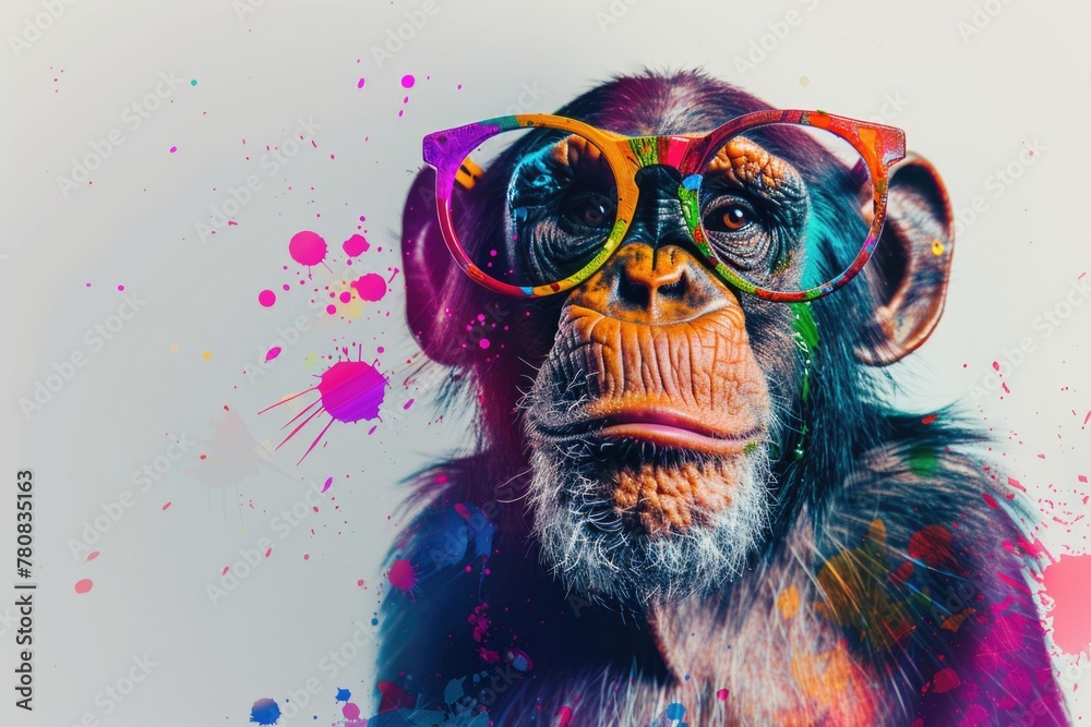 Poster a playful monkey wearing glasses with colorful paint splatters on its face. suitable for creative an