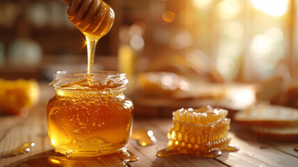 Honey being poured into a jar - obrazy, fototapety, plakaty