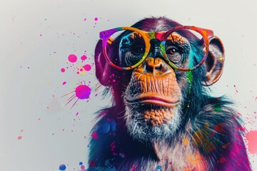 A playful monkey wearing glasses with colorful paint splatters on its face. Suitable for creative and artistic concepts - obrazy, fototapety, plakaty