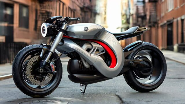A silver racer-style motorcycle with red line details is parked on a city street.
