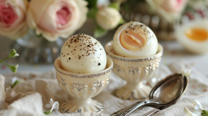 Fototapeta na wymiar Two soft-boiled eggs in egg cups with flowers
