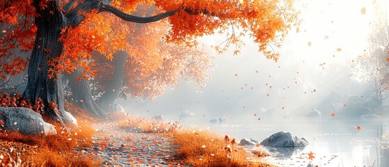 Autumn landscape with trees, lake and fog