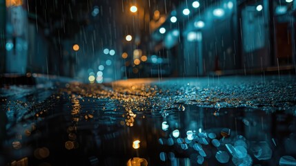 A rainy night scene on a wet street. Suitable for weather-related concepts - obrazy, fototapety, plakaty