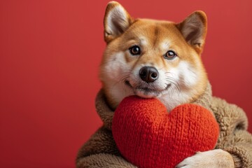 A Shiba Inu dog with soulful eyes lovingly embraces a knitted red heart, conveying deep affection and companionship.