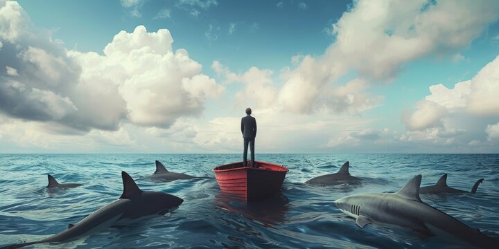Man surrounded by sharks on a boat, suitable for marine life concepts