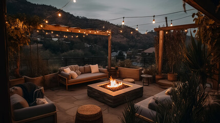 Beautiful modern outdoor patio with a fire pit