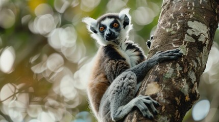 Fototapeta premium Close-up of a lemur on a tree, suitable for wildlife themes