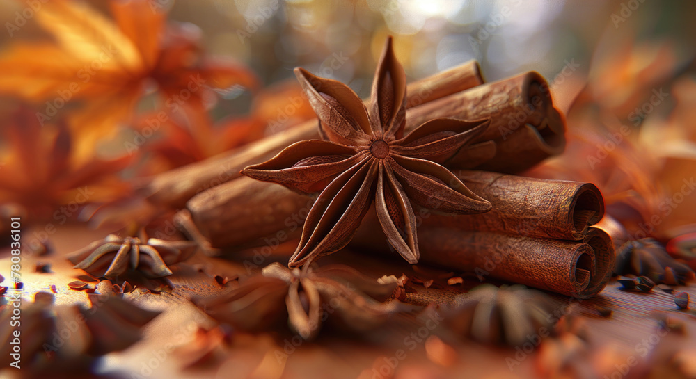 Poster A simple table setting with cinnamon sticks and star anise. Perfect for food and spice related projects