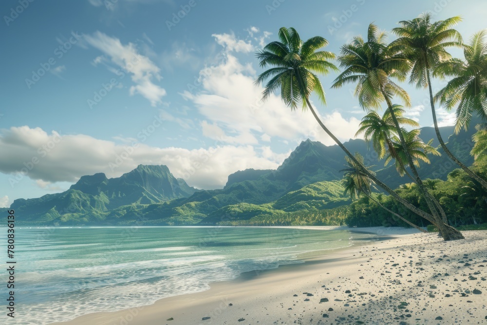 Aufkleber scenic view of a beach with palm trees and a mountain in the background. perfect for travel and vaca