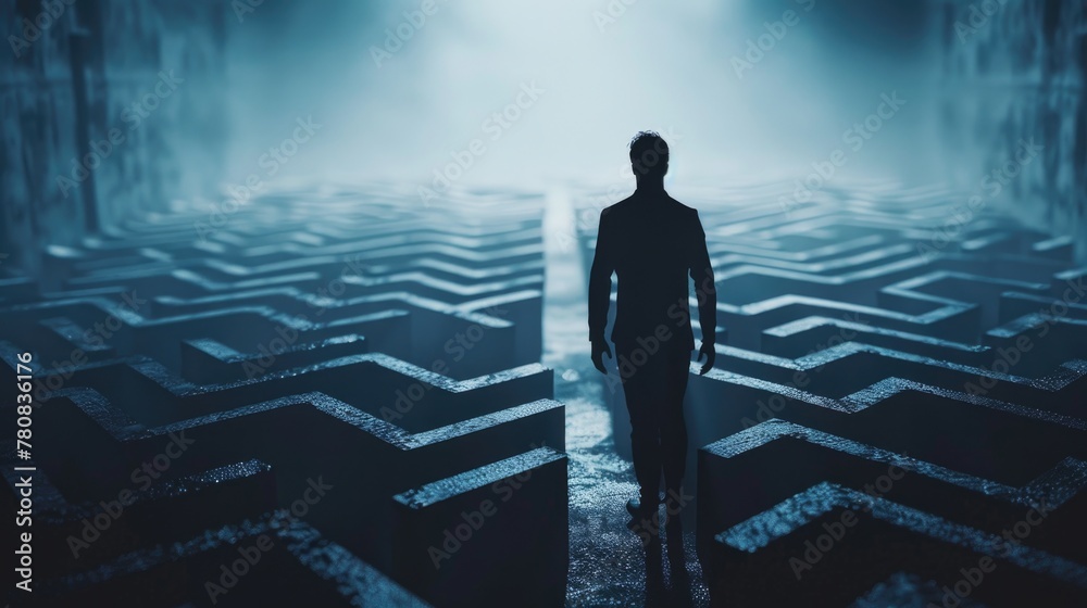 Poster a man in a suit standing in front of a challenging maze. suitable for business concept designs